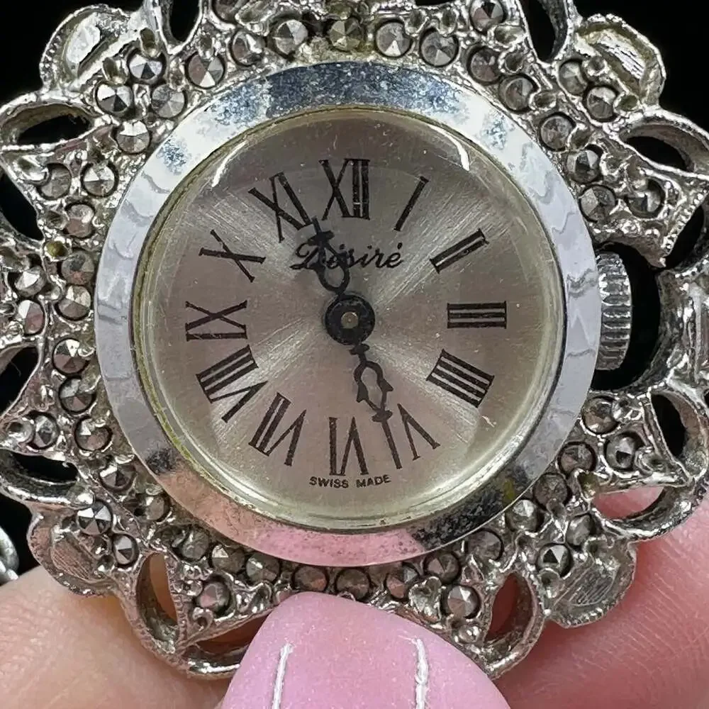 Vintage Swiss Made Pendant Watch Necklace Silver Tone Filigree Roman Numeral